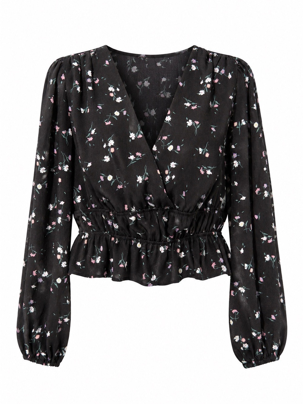 Dynamite Black Floral Wrap Peplum Blouse Long Sleeve | Size P/S - Picture 2 of 9